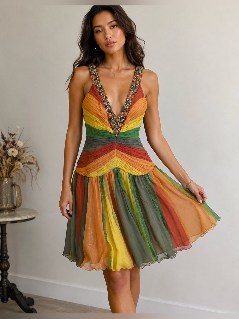 Mandalay NWT Women Size 4 Designer Multicolor Rainbow Silk Beaded Midi Dress